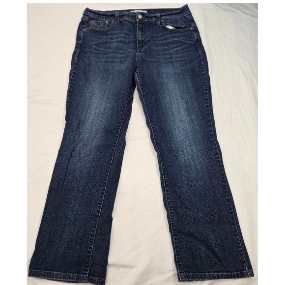 LEVI'S 505 Straight Leg Jeans W32 L30 Womens 14 Flap Pocket Dark Wash Stretch - Picture 1 of 11